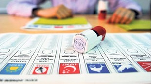 Stimmzettel und ein Stempel liegen auf dem Tisch, Kommunalwahlen Türkei
