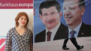 Ayse Cavdar (links), Ahmet Davutoglu (m), Recep Tayyip Erdogan (r)