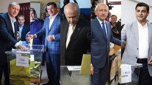Staatspräsident Erdogan, Ministerpräsident Davutoglu und die Partevorsitzenden der drei Oppositionsparteien geben ihre Stimmen für die Parlamentswahlen in der Türkei 