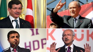 Die islamisch-konservative Partei für Gerechtigkeit und Fortschritt (AKP) mit Spitzenkandidat Ahmet Davutoglu, die Partei der Nationalistischen Bewegung (MHP) mit Devlet Bahceli, die pro-kurdische Demokratische Partei der Völker (HDP) mit Selahattin Demirtas und die Republikanische Volkspartei (CHP) mit Kemal Kilicdaroglu
