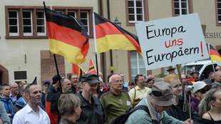 Pegida Demonstration mit Fahnen und einem Platkat