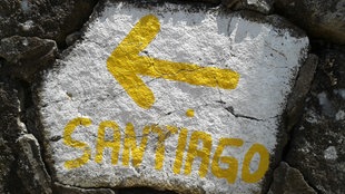 Caminho Portugues: Ein an eine Wand gemalter Pfeil der Richtung Santiago weist
